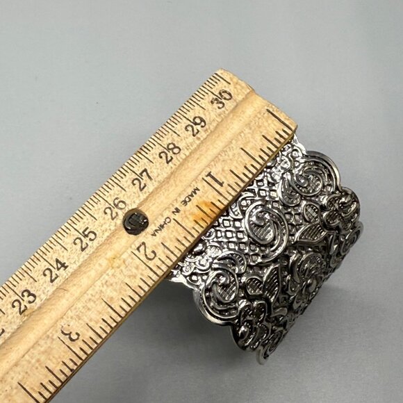 Silver Plated Wide Cuff Bracelet With Intricate Floral & Swirl Design Adjustable - Picture 3 of 7